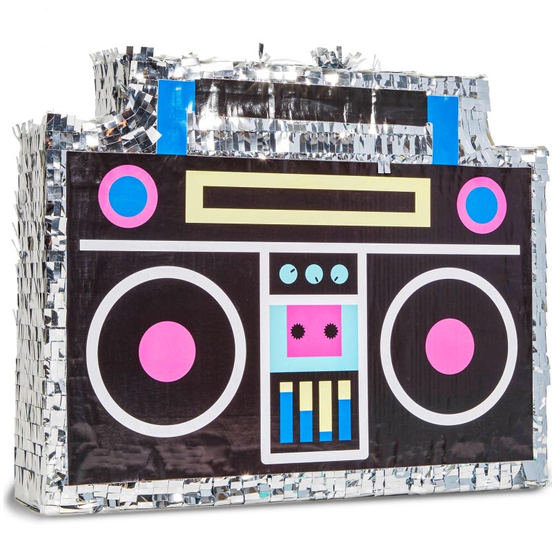 BLUE PANDA Boombox Pinata - 16.5 x 12.8 x 3 In, Silver & Neon - Pinata for Birthdays, 80, 90s Theme Party Decoration & Dance Supplies - Image 1